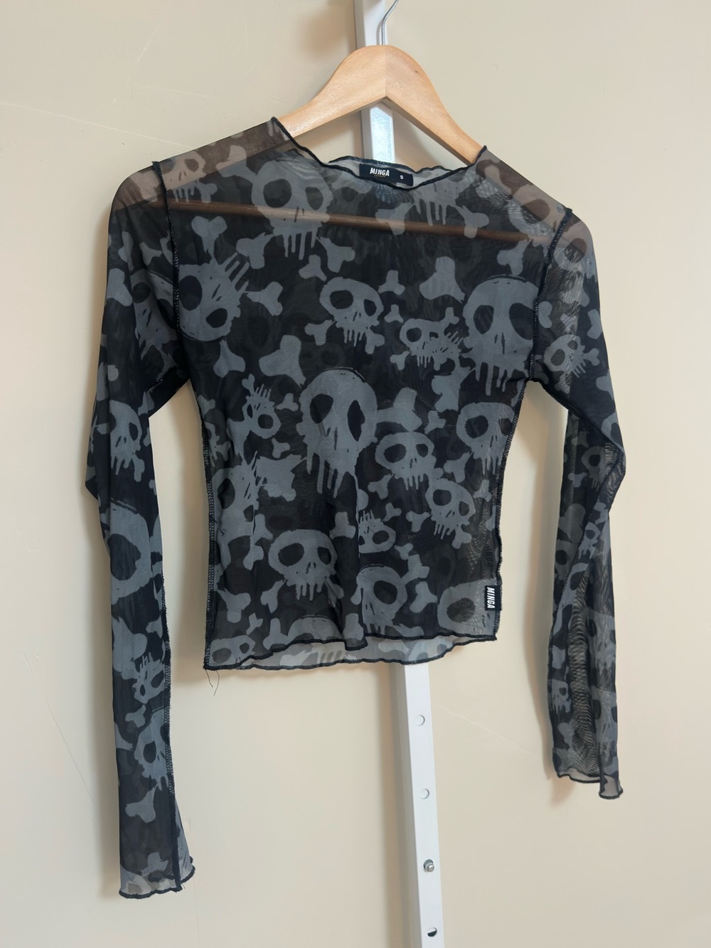 Minga London Size S Skull Mesh Sheer Long Sleeve Top Y2K Grunge Goth